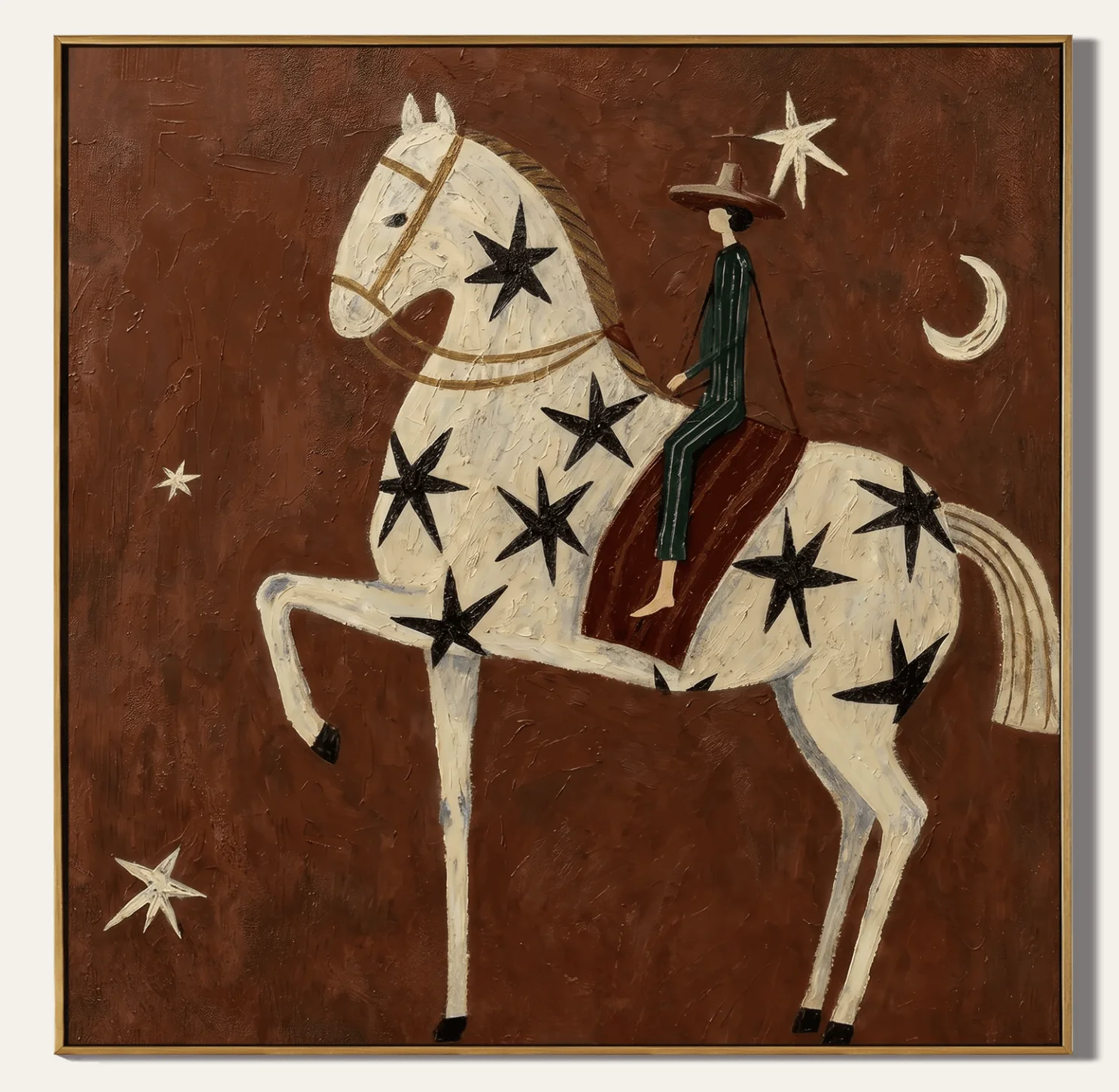 Retro Cowboy Riding Star White Horse Wall Art Canvas Prints Posters Decor, Moon Star Neutral Decor For Living Room Bedroom Study