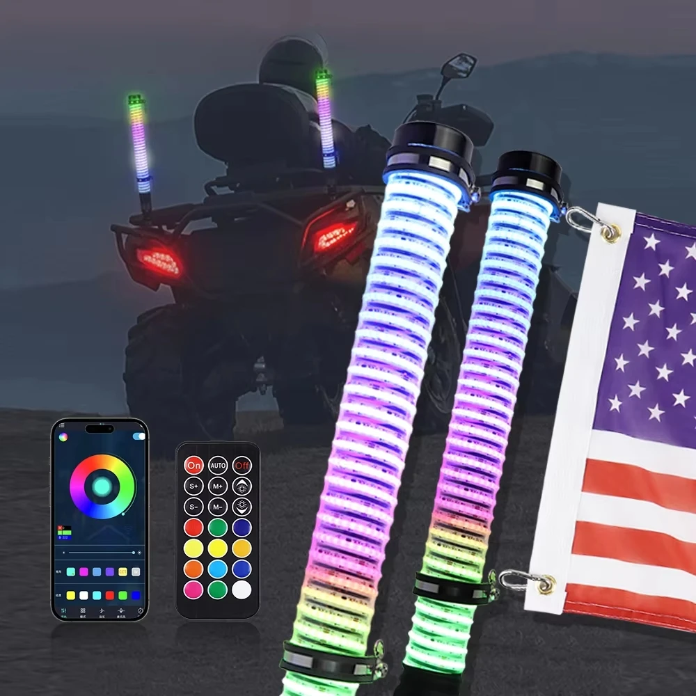 for Polaris Ranger, General, RZR UTV 2ft RGB LED Spiral Whip Light Antenna with Flag & Remote ATV 2Inch Fat COB Whip Lights 2PCS