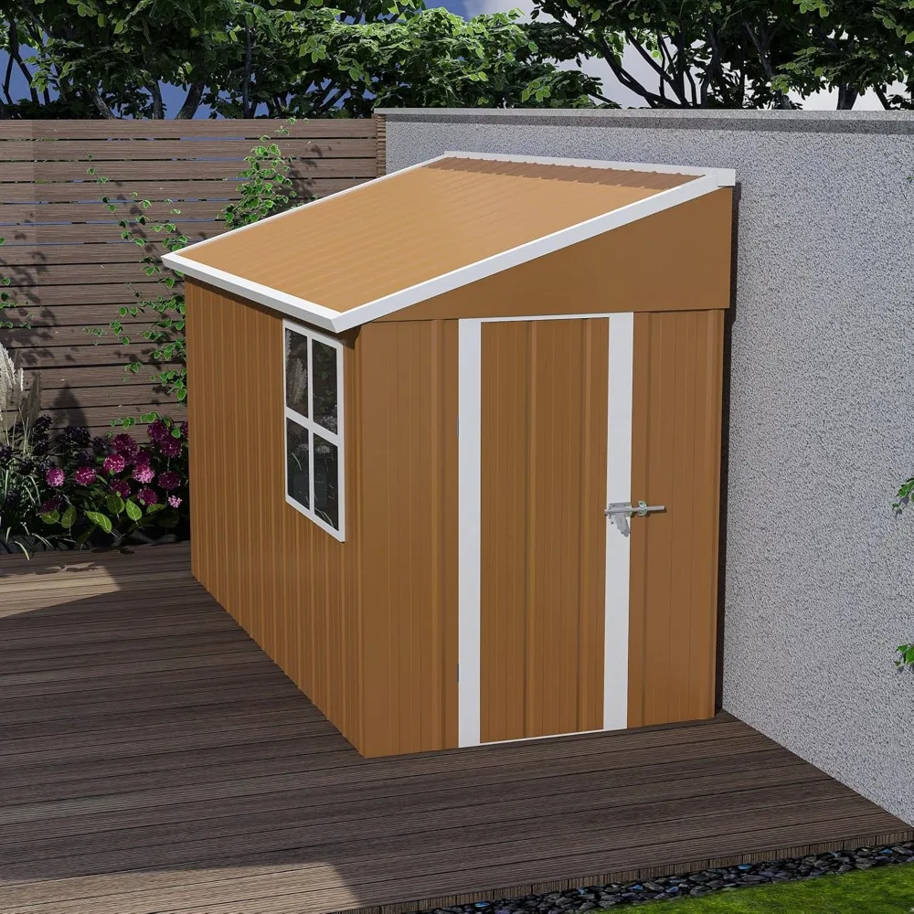 

8x4 FT Outdoor Steel Storage Shed with Clear Windows, Outswing Lockable Door & Ventilation, Brown and White Weather-Resistant Me