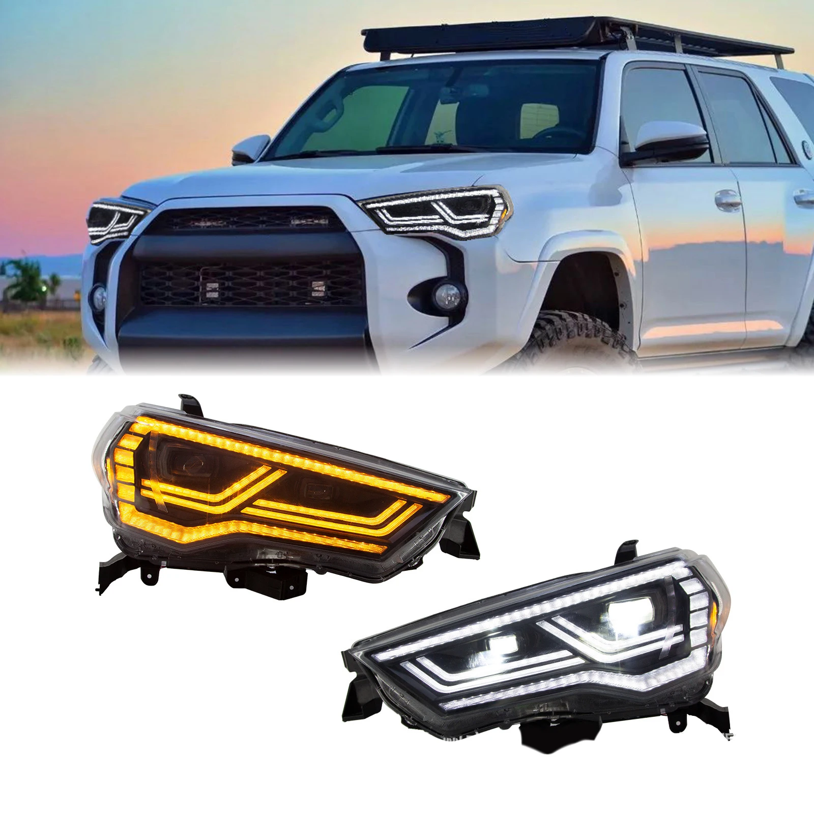 

Светодиодные фары для Toyota 4Runner 2014-2022: Модифицированные полностью светодиодные передние фары с желтыми и белыми ДХО