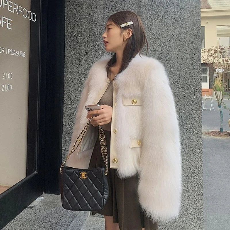 2022 Winter New Women Faux Fur Coat Temperament Socialite Round Neck Imitation Fox Fur Short Outwear Thicken Leisure Warm Jacket