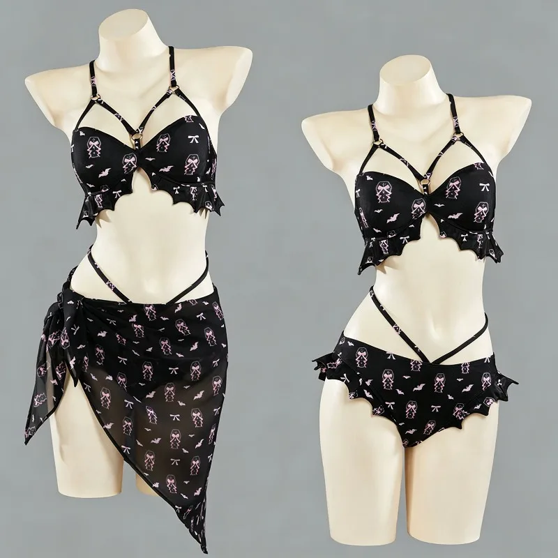 Dark Gothic Halter Neck Bikini Swimsuit, Alternative Subculture Sweet Cool Unique Indie Design Cosplay Outfit For Beach Party view 5