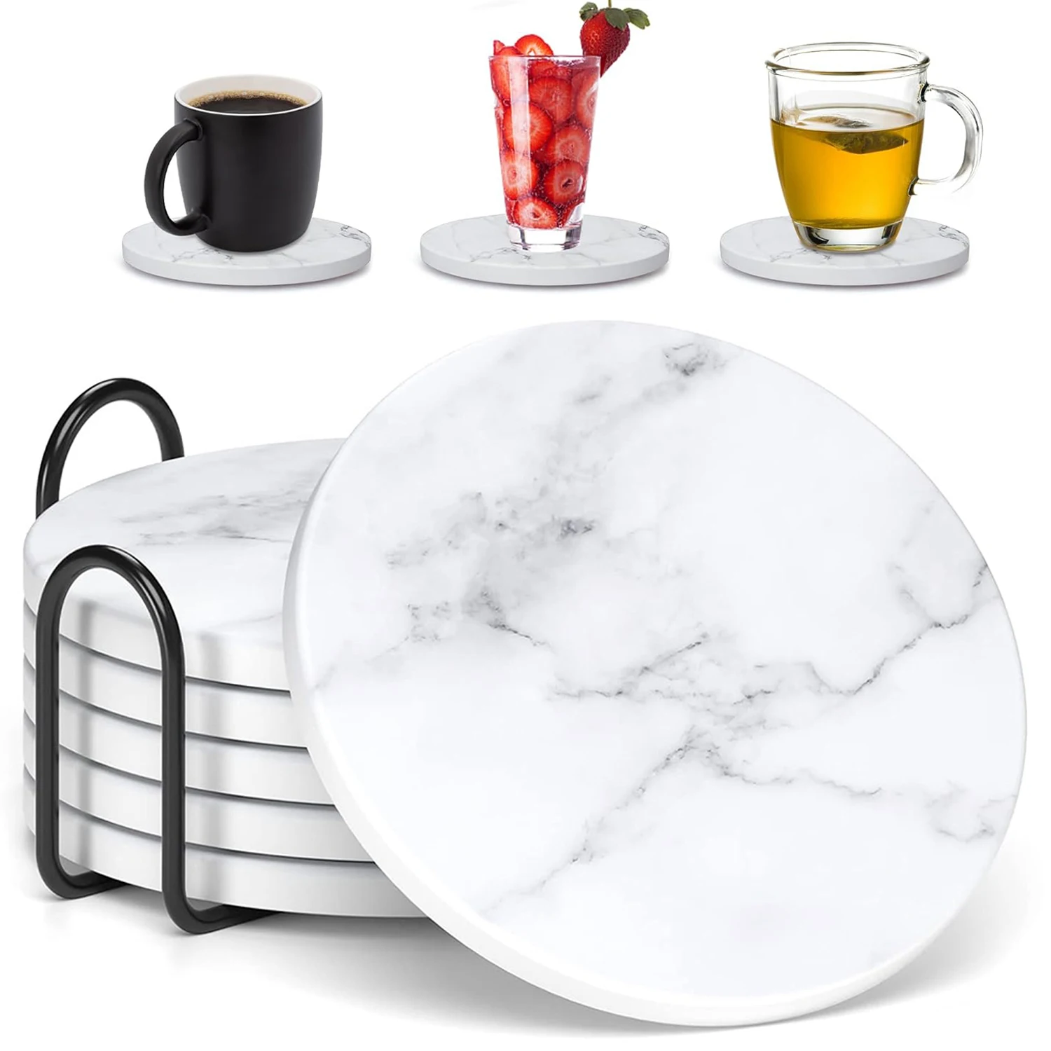 1/6 Pcs Ceramic Coasters Marble Style with Holder Absorbent Drink Coaster for Kinds of Cup Bar Kitchen Wooden Dining Table Decor