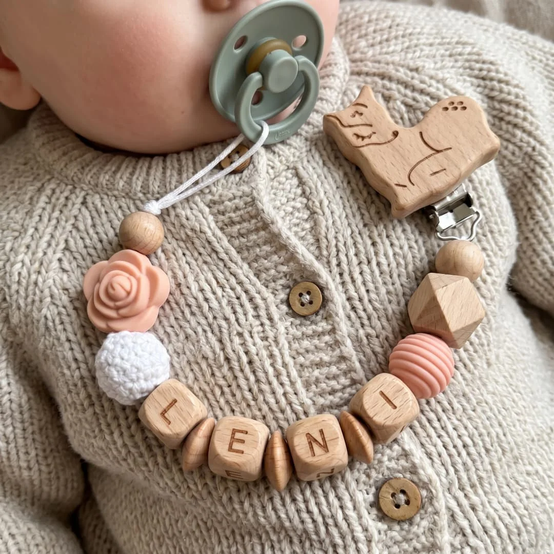 Personalized Pacifier Clip Custom Name Wooden Sika Deer Clip Pink Rose Silicone Crochet Beads Baby Soother Holder Newborn Gift