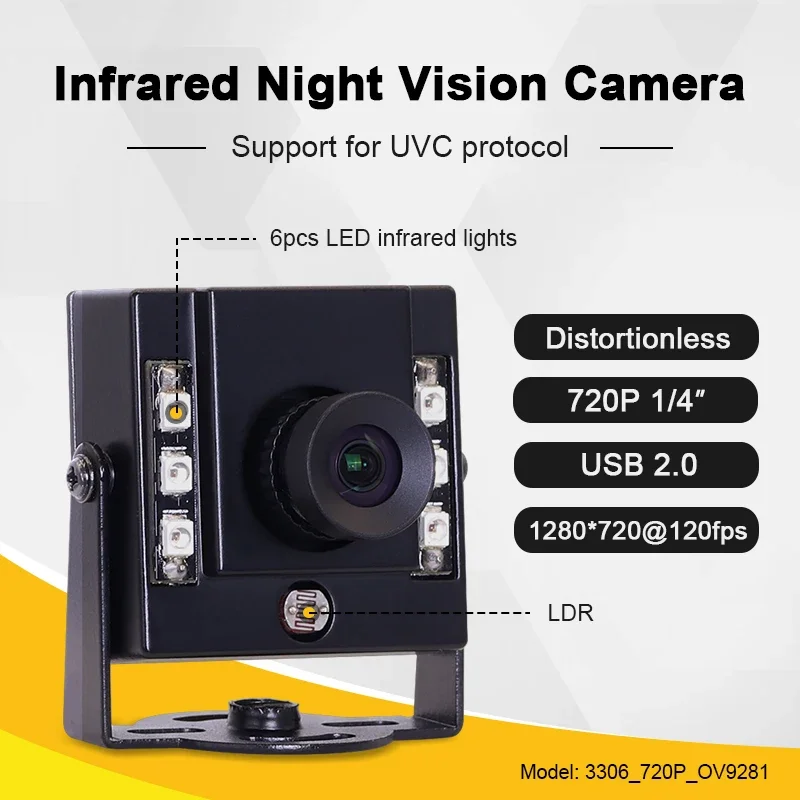 

New 3306 720P OV9281 Mini Camera 3mm 80degrees IR850 Distortionless USB Global Exposure 210fps Infrared Night Vision AI Recognit