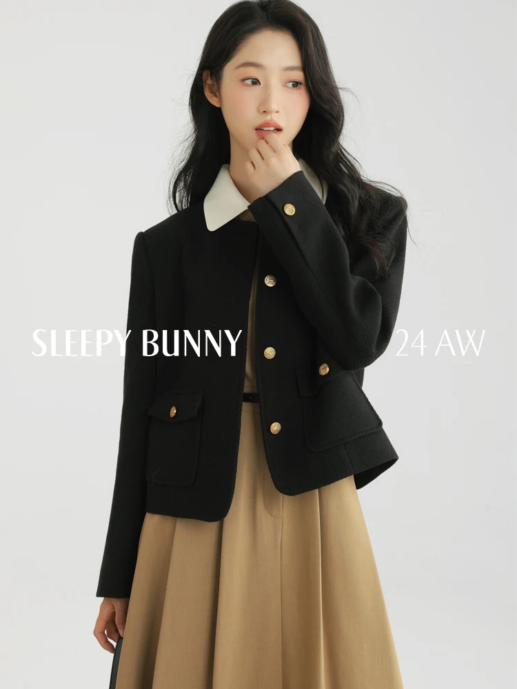 

Contrast Collar Tweed Short Coat Women Autumn Cropped Wool-like Jacket Round Neck Gold Buttons Casual Elegant Outerwear Work