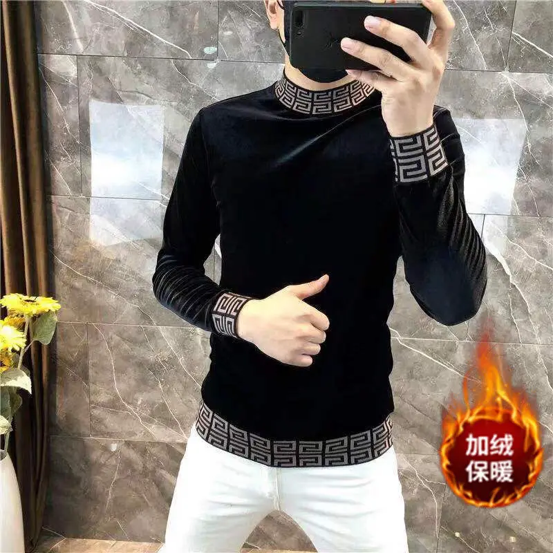 Men's clothing autumn and winter high quality half high collar velvet long sleeve t-shirt sweater fleece-lined warm y2k clothes