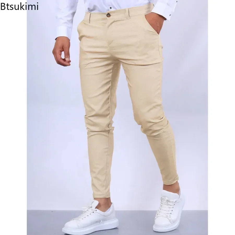 2025 nuevos pantalones casuales, pantalones de tubo sólidos ajustados con estilo para hombres, pantalones formales de negocios cómodos para hombres,