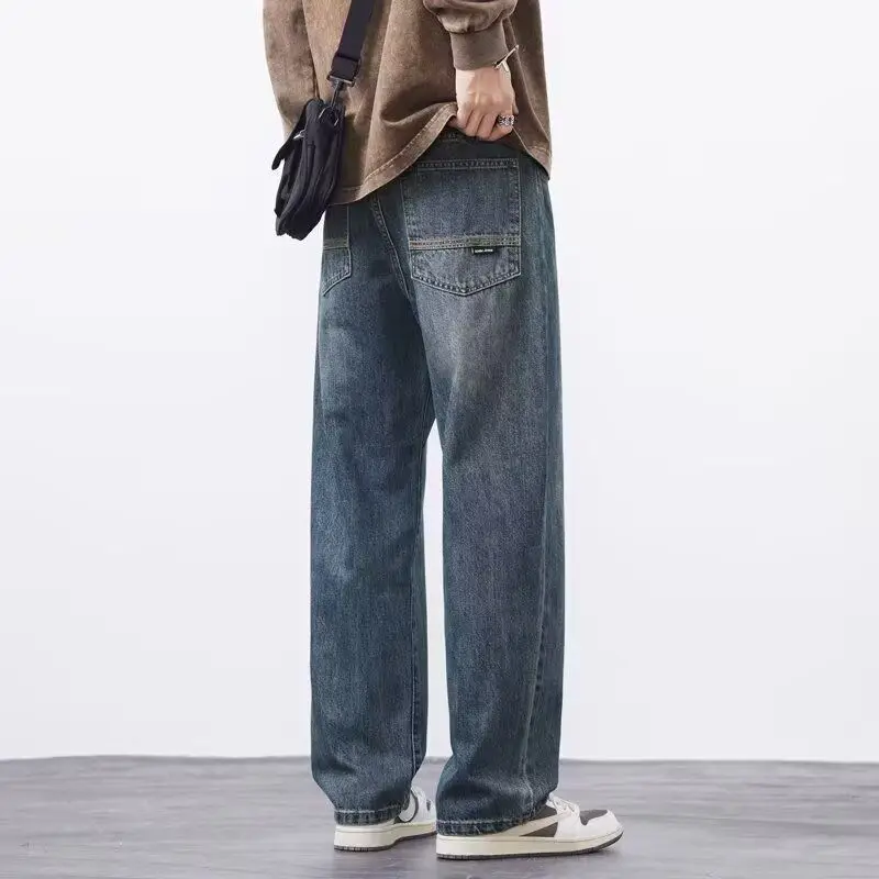 

Мужские джинсы в стиле хип-хоп с буквенным принтом, модные прямые брюки со средней посадкой из смесового хлопка и полиэстера, повседневные, в стиле High Street, Гонконг