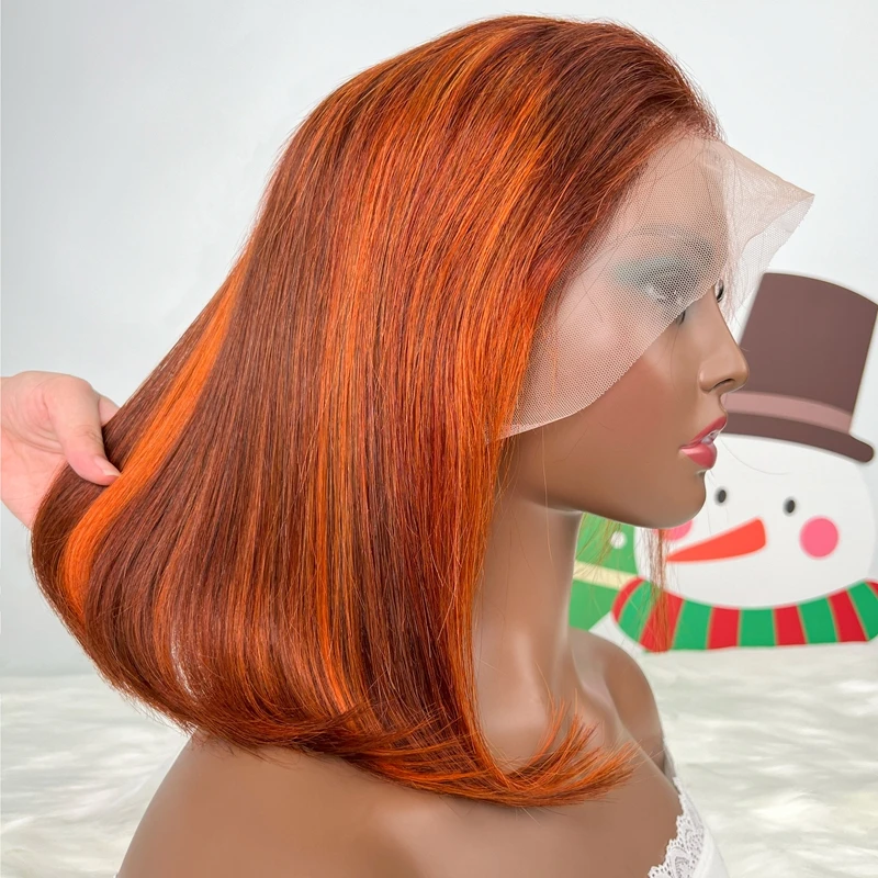 13x4 레이스 정면 인간의 머리 가발 4 350 생강 오렌지 스트레이트 짧은 밥 가발 인간의 머리 밥 하이라이트 가발 인간의 머리카락 판매 200