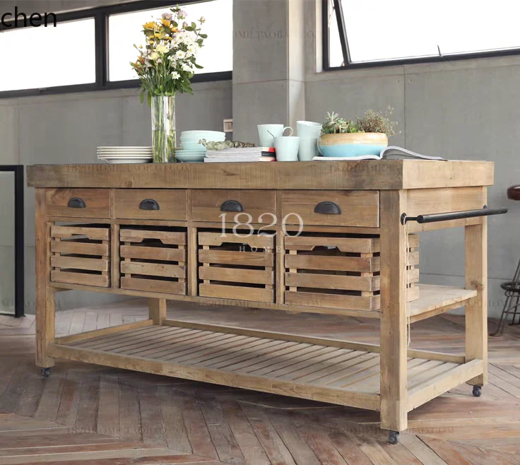 LXC Solid Wood Cooking Table Open Edge Cabinet Retro Home Console Rural Dining Table Cabinet