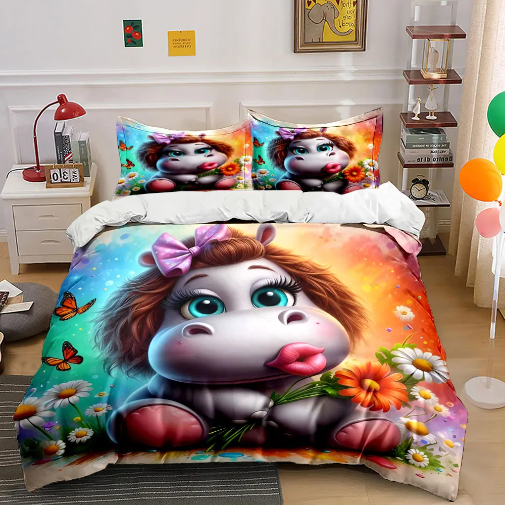 Cute animal in colorful flowers Pattern Duvet Cover Set Digital Print Colorful Polyester Bedding with Zipper Closur for gifts