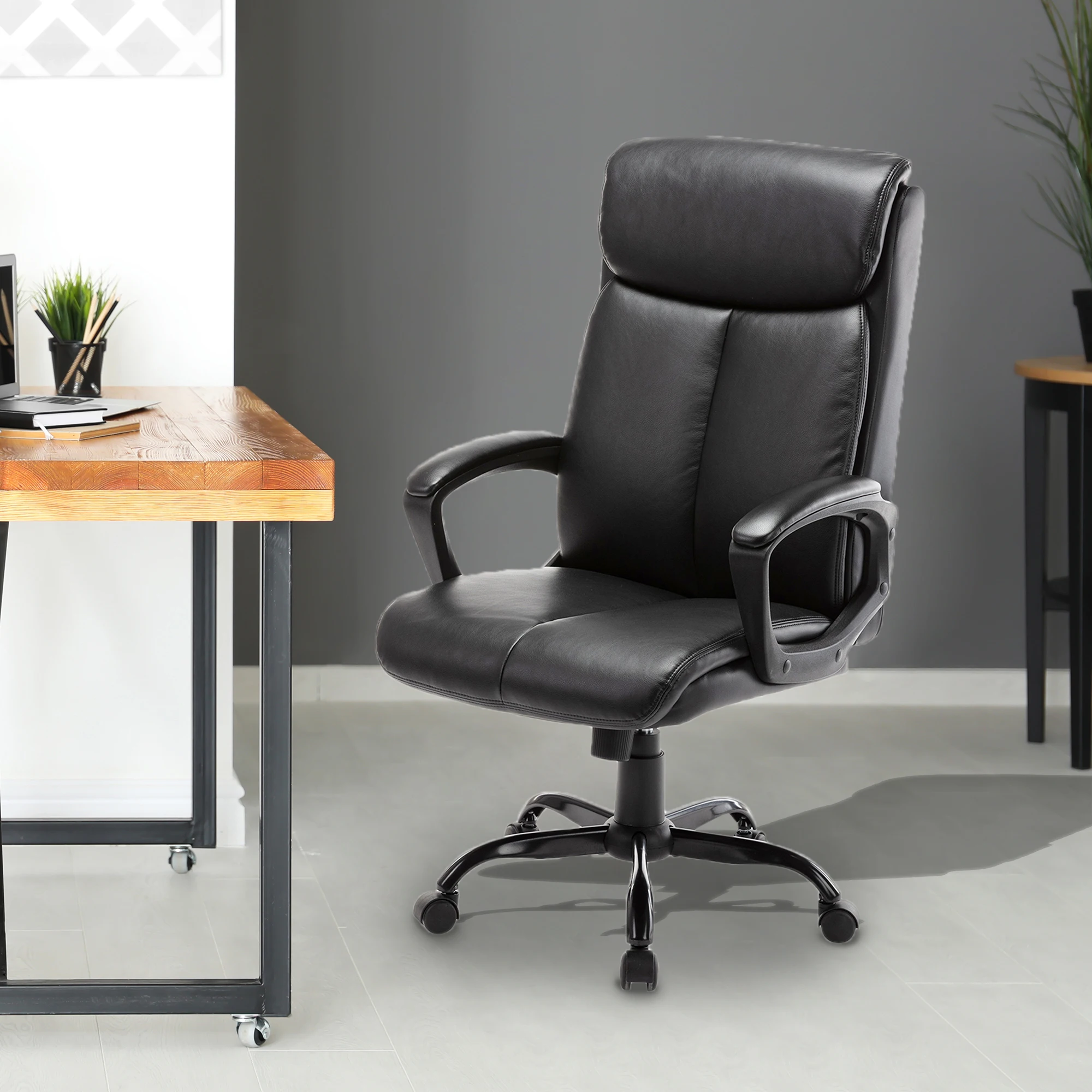 High Back Office Chair Executive Bonded Leather Computer Desk Swivel Task Chair W/Rocking Function Black[US-W]