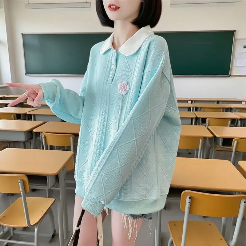 

Women Preppy Style 3D Flower Appliques Hoodies Sweet Chic Sweatshirt Korean Casual Streetwear Drop Long Sleeve Loose Tops