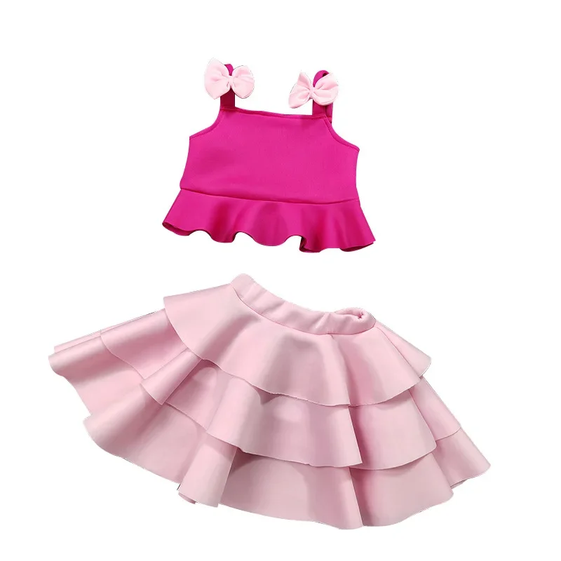 Summer Kids Clothes Sets Girls Solid Sleeveless Flounce Bow Camisole Tops + Tiered Skirt Children's Casual Clothing For 2-7Y