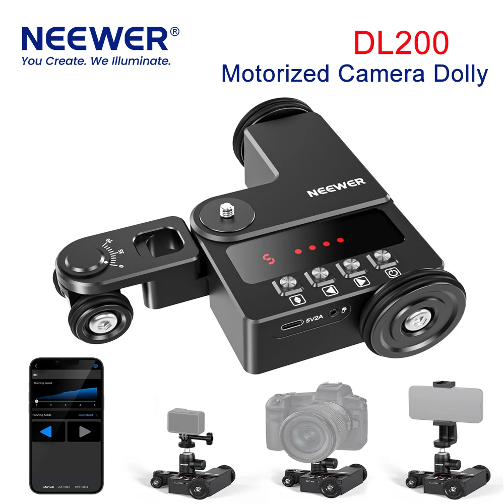 NEEWER DL200 Upgraded Motorized Camera Dolly App Control Ultra Silent Slider with Ball Head/Phone Holder/Action Camera Mount