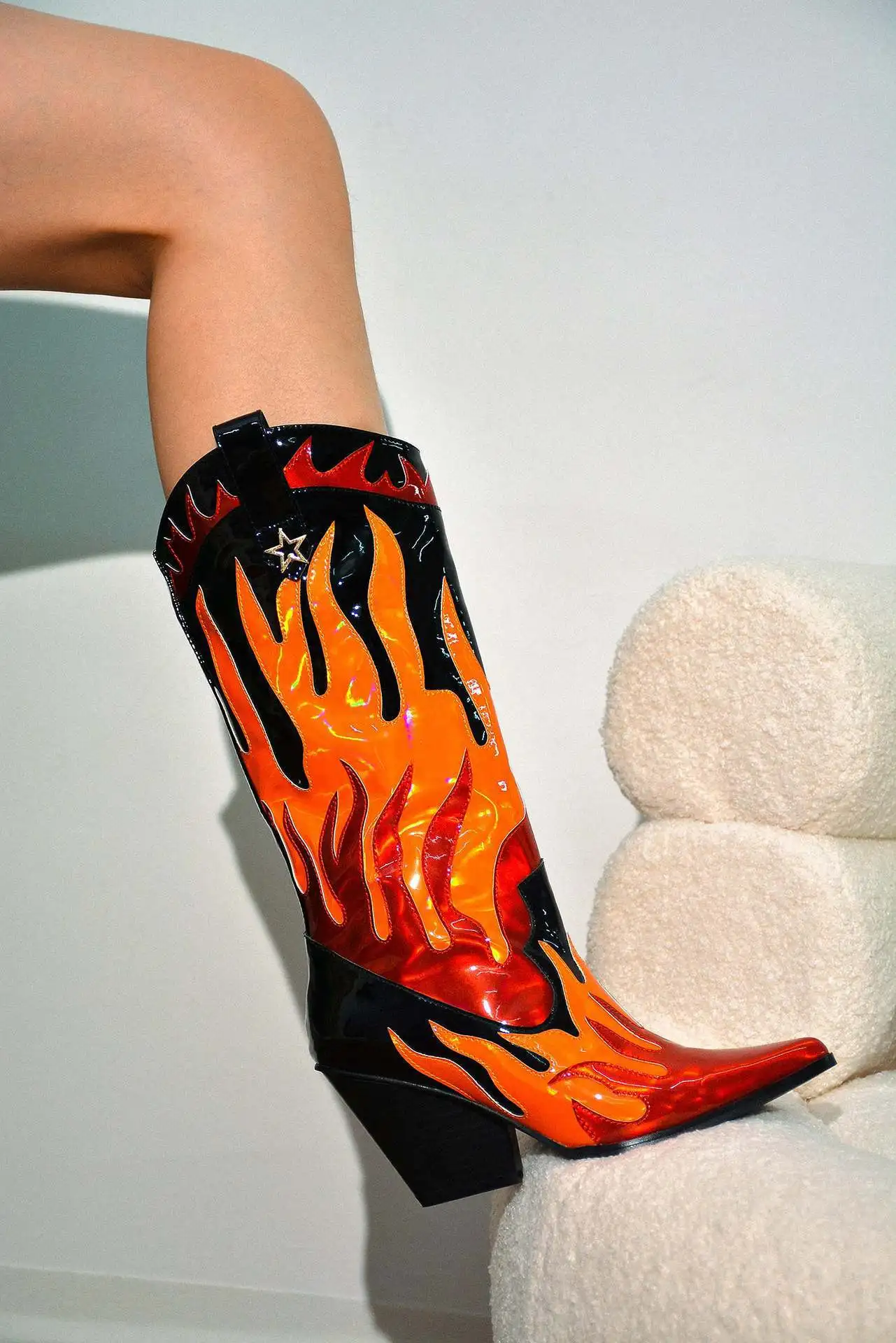 Flame Print Patent Leather Women Shoes Point Toe Mix Color Western Mid Calf Boots Block Heel Designer Fashion Casual Botas