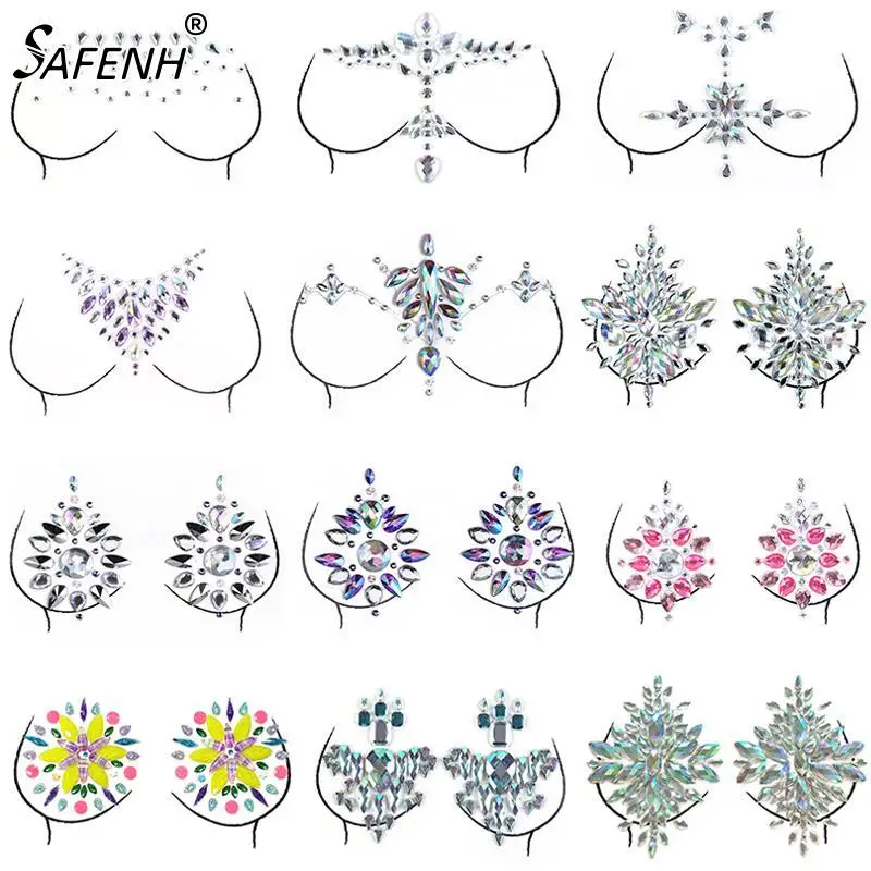 

18 Styles Adhesive Diamond Beads Breast Pasties Shiny Tattoo Sticker Nipple Cover Crystal Bra Stickers Bra Accessories Stickers