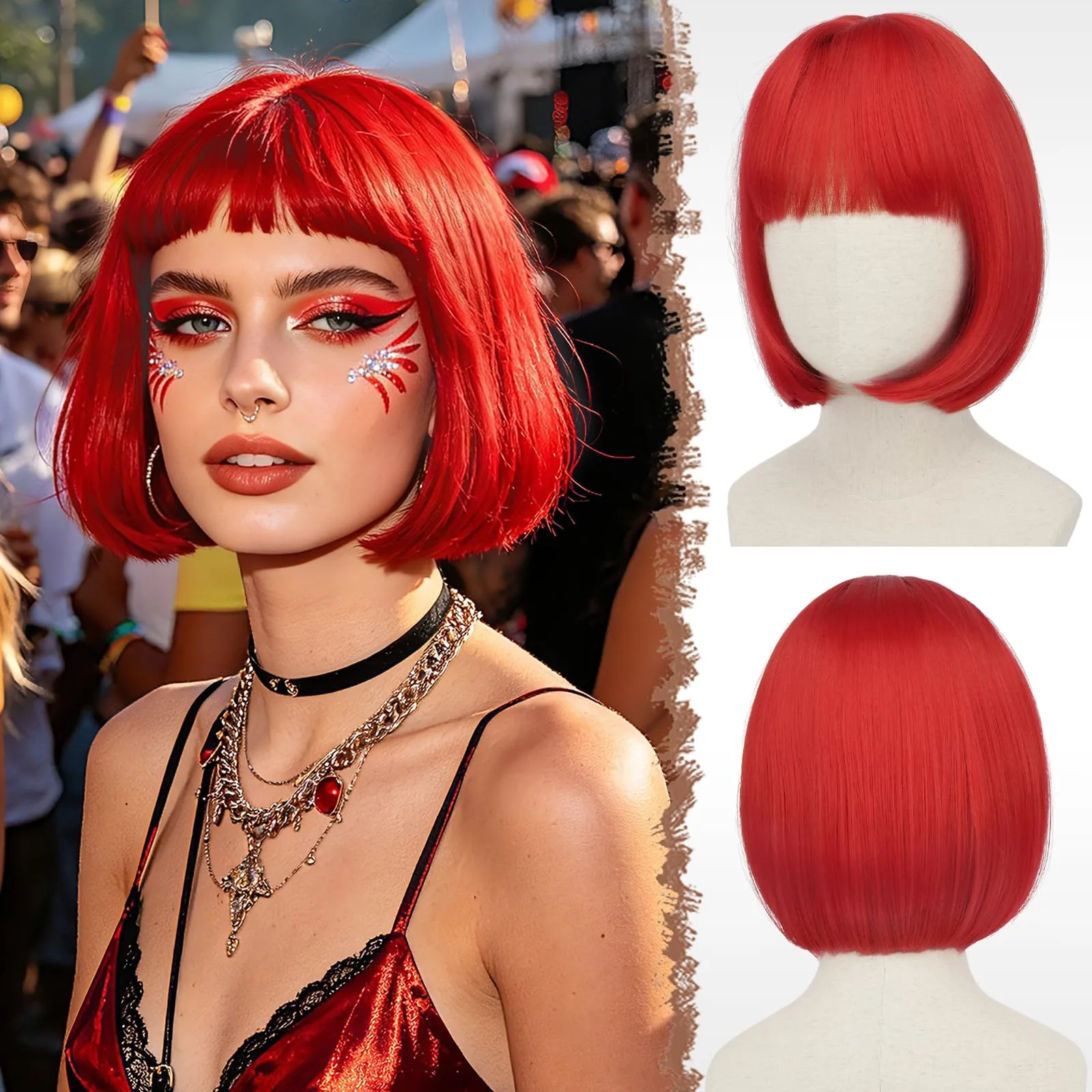 Red Short Bob Synthetic Wig - Halloween Party Wig - Cosplay Role-Playing Wig - Everyday Party Wig - Hot Wire Wig Headband