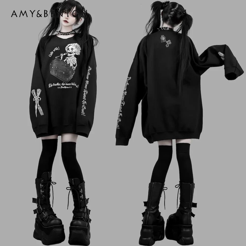 

Subculture темный готический принт свободный свитшот с круглым вырезом и рукавами «летучая мышь» женский уличный панк-стиль негабаритный свитшот с длинными рукавами