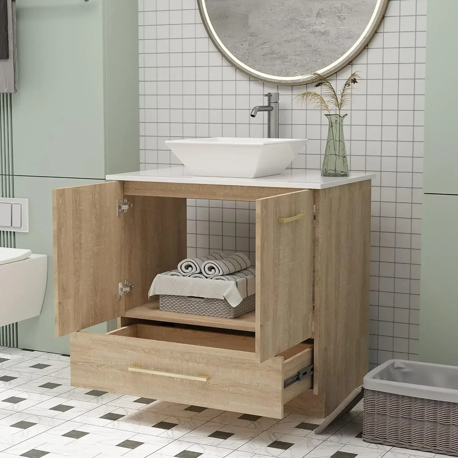 

Комбинированный туалетный столик и раковина для ванной комнаты, отдельно стоящий туалетный столик для ванной комнаты с верхней частью и базовым шкафом для раковины, с двойными дверцами и ящиком