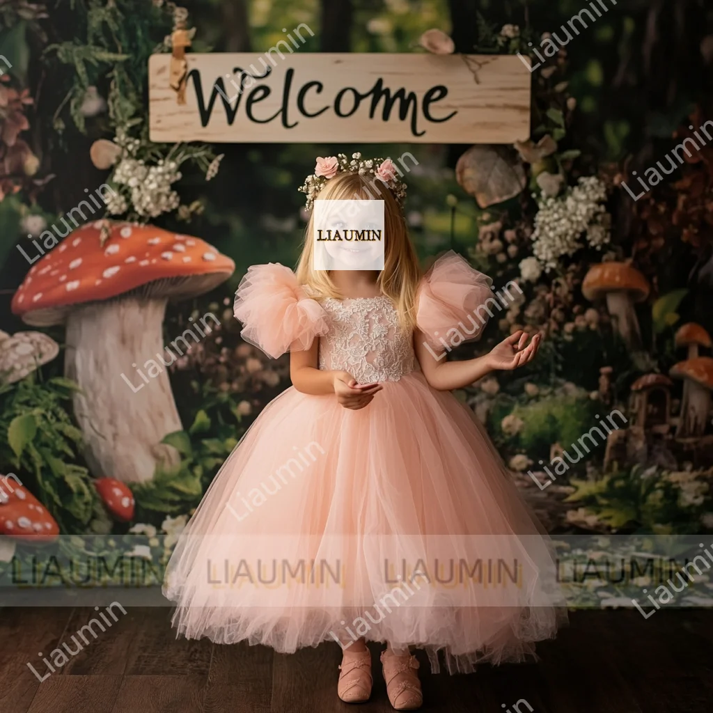 결혼식을위한 핑크 꽃의 소녀 드레스 Tulle 공주 레이스 짧은 소매 거룩한 첫 성찬식 가운 미인 대회 의류 맞춤형 G3