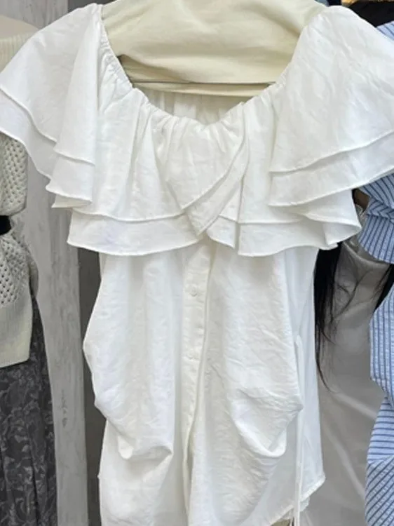 レトロスタイリッシュなワンショルダー双方向裾シャツ女性のスリムフィット夏の新しい折りたたみウエスト整形トップエレガントな女性のようなスキム