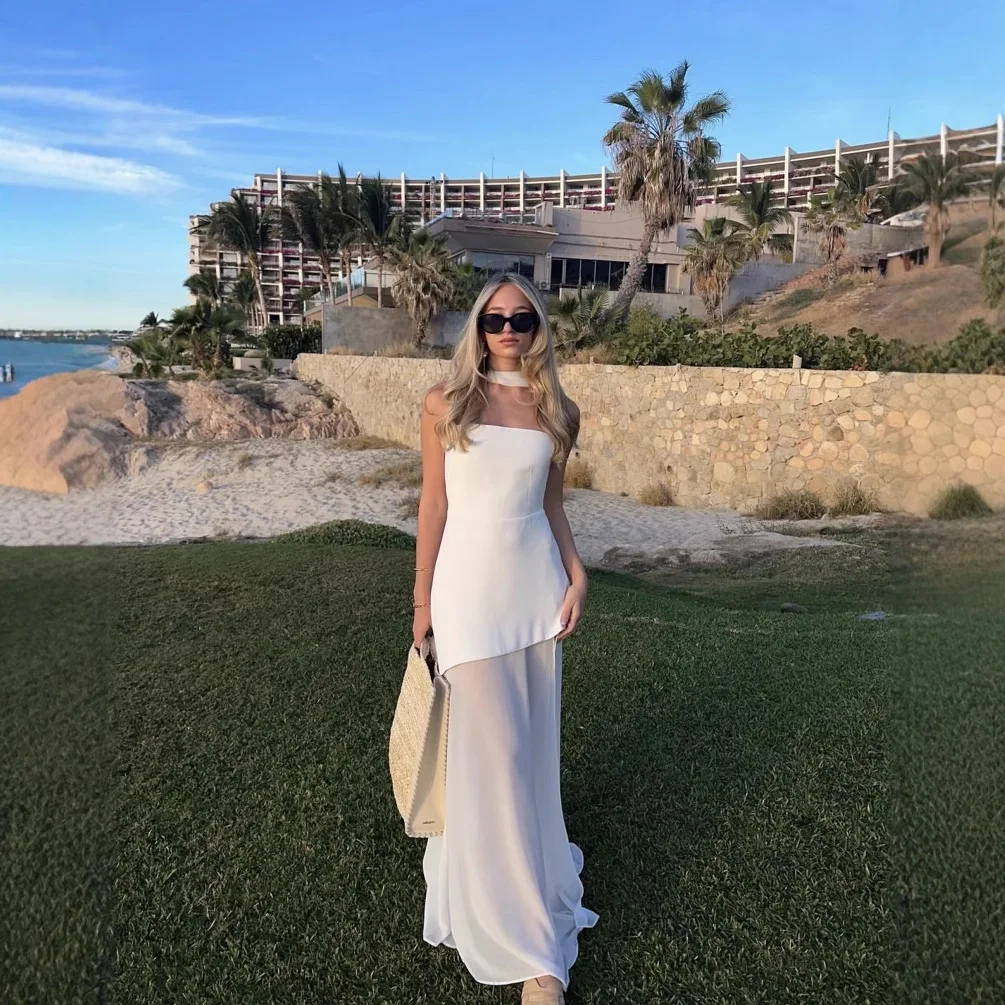 

Women Elegant Mesh White Long Dress Casual Irregular Collar High Slit Pleat Half Sleeve Midi Dresses Summer Lady Vocation Robes