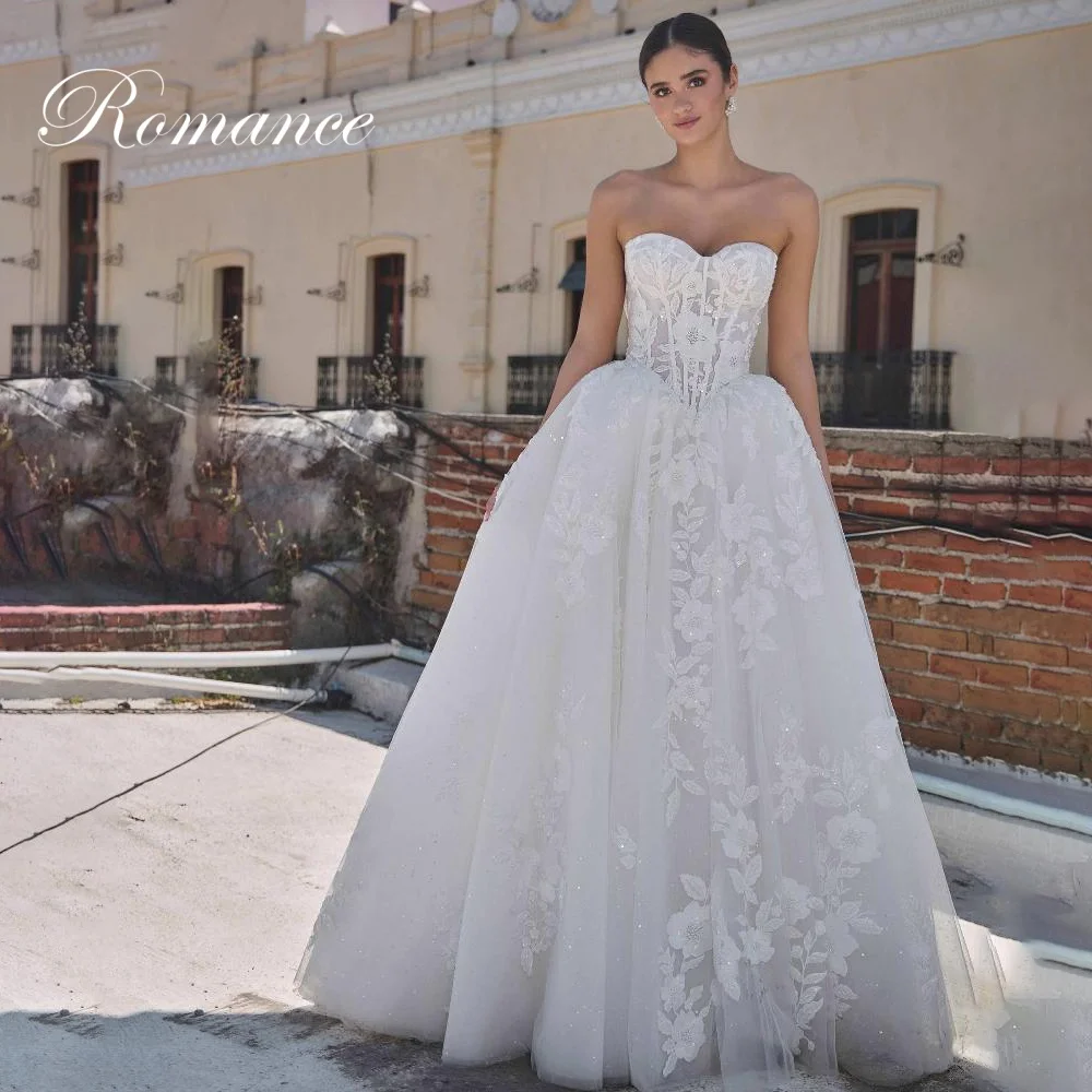 Klassieke strapless a-lijn trouwjurk dames applicaties kant backless uit de schouder rechter trein vestidos de novia aangepast