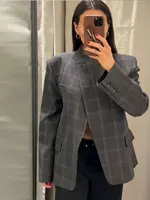 HH Women Casual Asymmetrical Dark Grey Blazer One Button Long Sleeve Jacket Coats 2026 Trend Vintage Solid Office Blazers 3