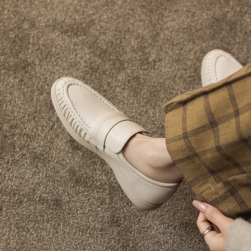 Split Leather Shoes Women Loafers 2027 Spring Autumn Fashion Round Toe Casual Shoes Handmade Flat Shoes Ladies Footwear Pumps