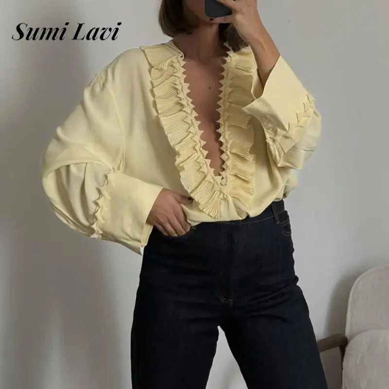 

Summer Fashion Draped Loose Commuter Top Elegant Ruffled V-neck Chiffon Blouse Spring Women Casual Long Sleeve Solid Color Shirt