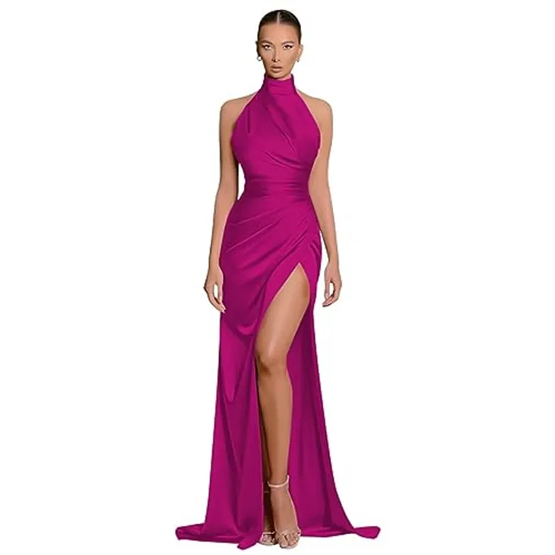 

GUXQD Sexy Side Slit Women Evening Dresses Satin Halter Lace Up Prom Party Gowns Formal Occasion robe soirée femme