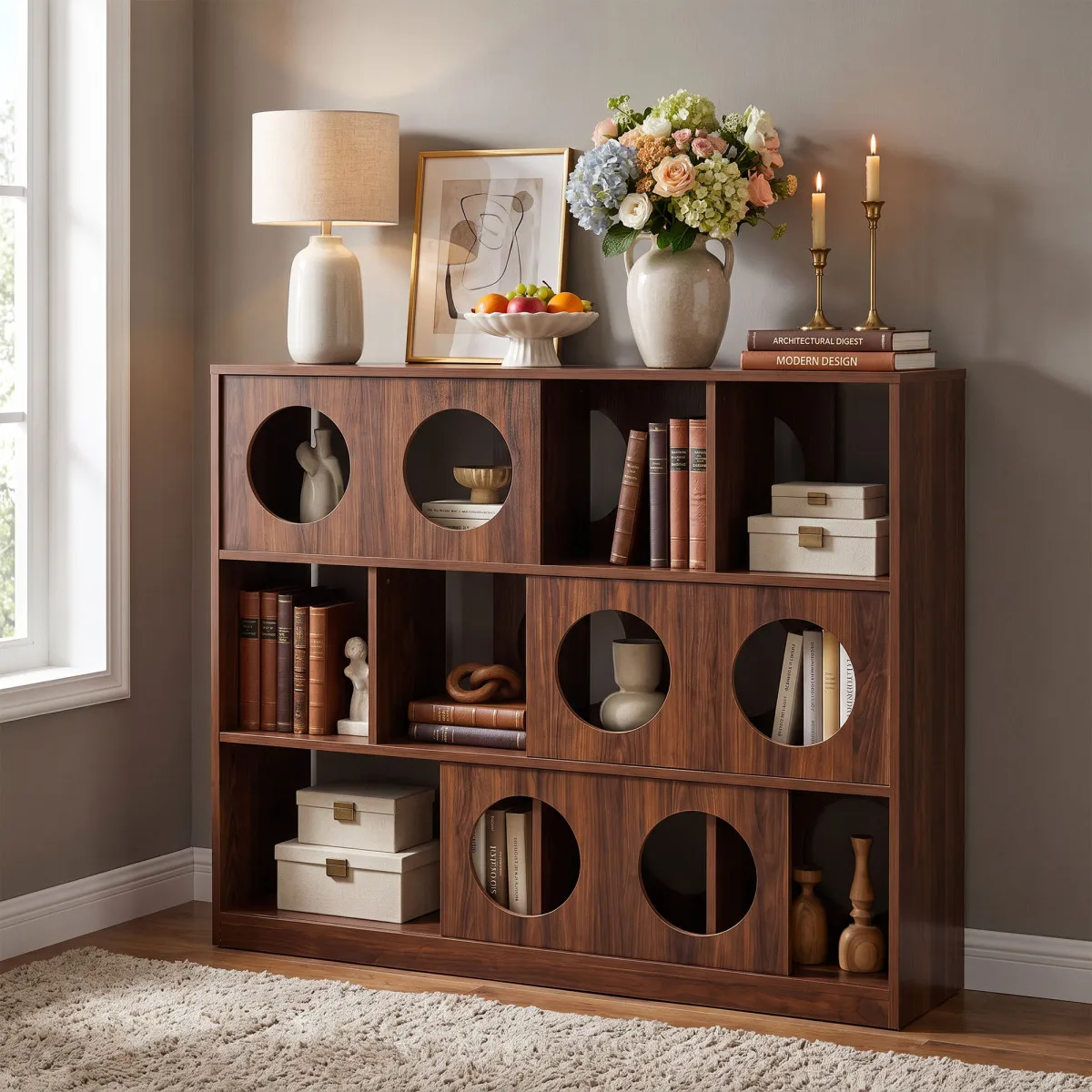 3-Tier Short Bookshelf for Home Office – Horizontal Kids Bookshelf with Brown Finish