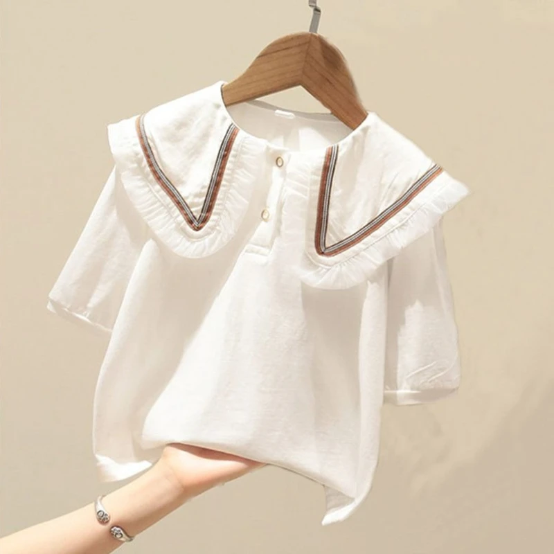 2026 Summer Girls Shirt Short Sleeve Peter Pan Collar Blouse Cute Casual Top for Big Kids Stylish Asian Inspired Design