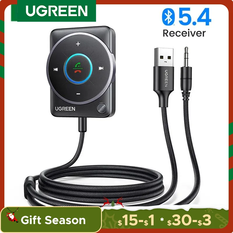 UGREEN USB Bluetooth 5.4 Car Receiver Adapter with Mics and Noise Cancellation, USB AUX Bluetooth Receiver Car Kit Stereo Audio