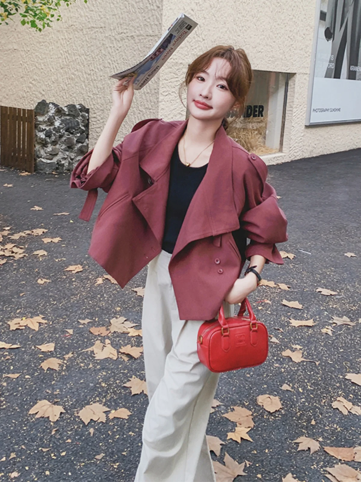 

Pink Leather ort Coat Women's Early Spring Autumn Casual Sle Korean Version Straight Tube Commute Single Button Pure Color