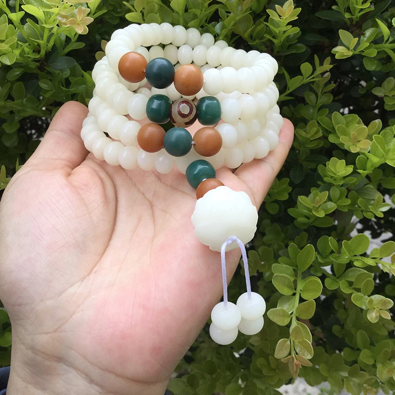 Natural jade bodhi root , high-density smooth white 108 beads, unisex Buddhist bracelet and necklace with Dzi bead an