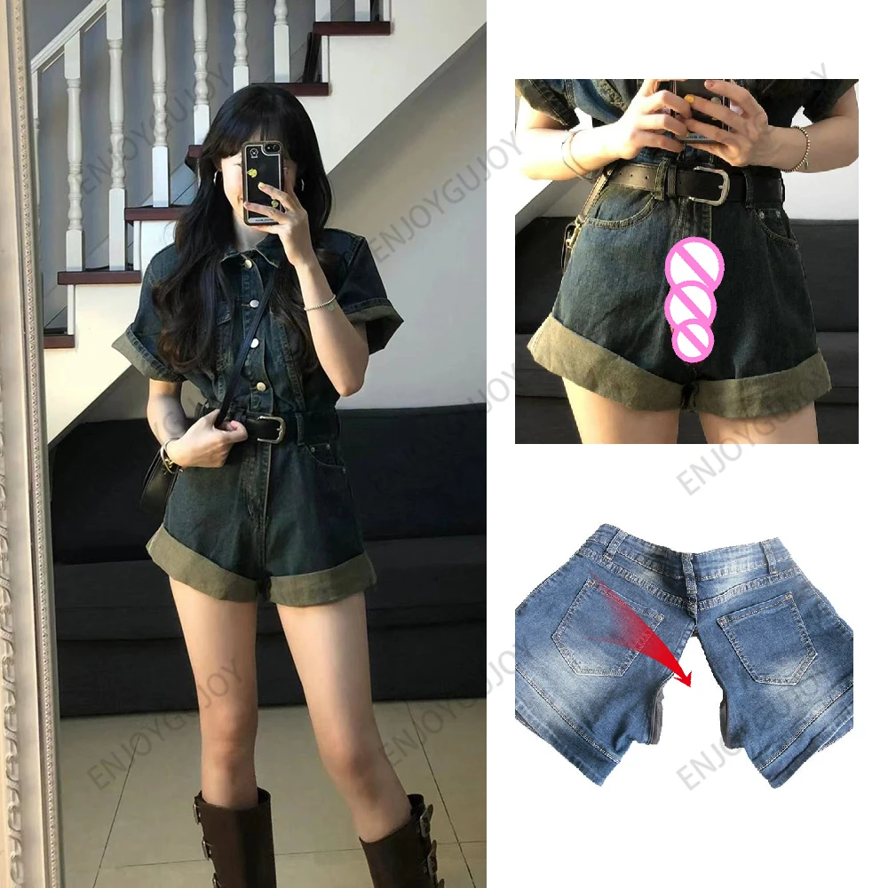 

Vintage Cargo Denim Jumpsuit Shorts Women's，Casual Loose Short Sleeve Jumpsuit，Invisible Crotch Outdoor Sex，Classics Streetwear