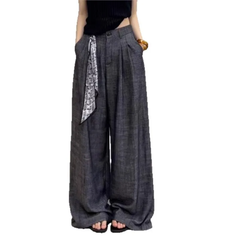 American style spicy girl cotton and linen casual skin-friendly long pants 2025 summer new fashion scarf wide-leg pants