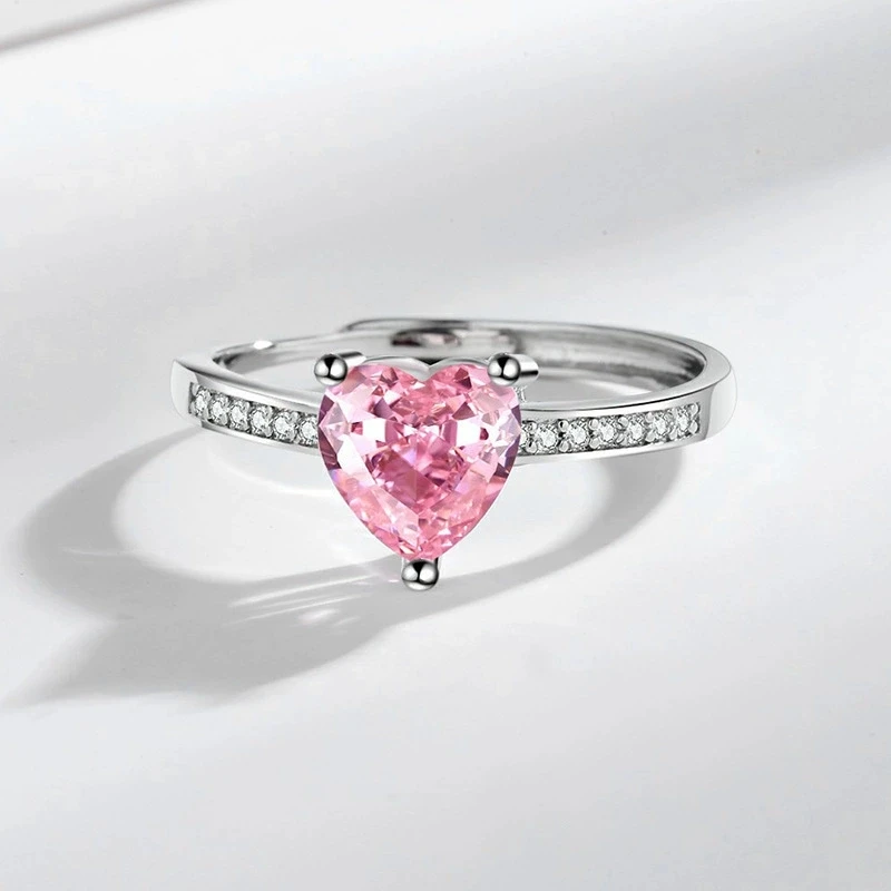 New Engagement Heart Pink Zirconia Rings Wedding Open Adjustable Ring for Women Sparkly Stackable Jewelry Gift