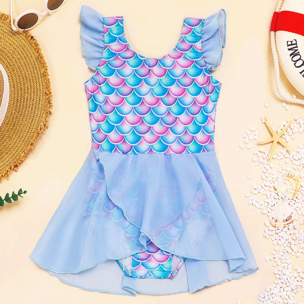 

Girls Swimsuit Cute One Piece Swim Suit Ruffle Sleeve Mermaid Bathing Suits Tulle Dress Swimwear Summer Beach Swim Shirt