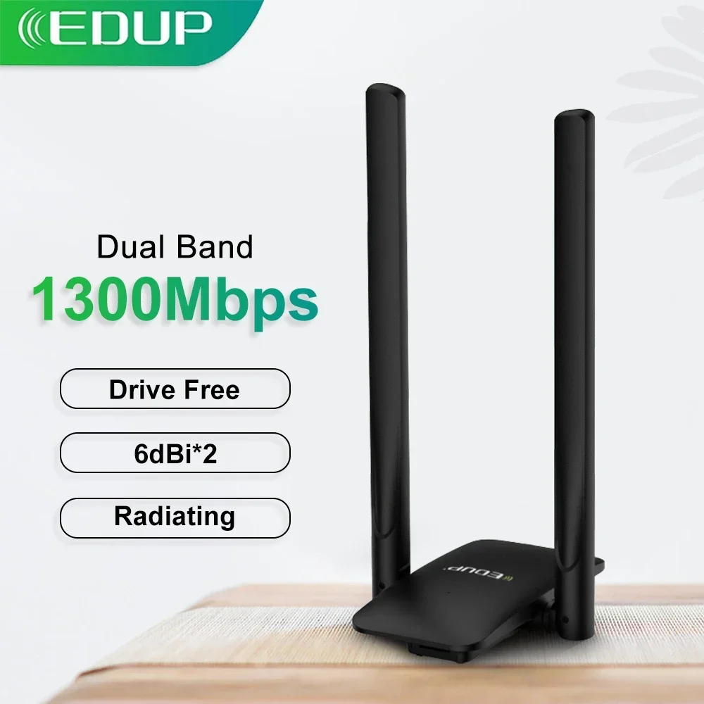 EDUP 1300Mbps Wireless Wifi Adapter USB3.0 Network Card Adapter 2.4G&5.8G Dual Band Drive Free 2*6dBi High-Gain Antenna MTK Chip