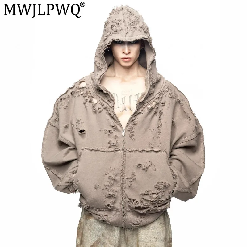 MWJLPWQ Moletom com capuz masculino, novo estilo, rasgado, desgastado, com efeito de desfiado, zíper, corte solto, streetwear, jaqueta com capuz 21200