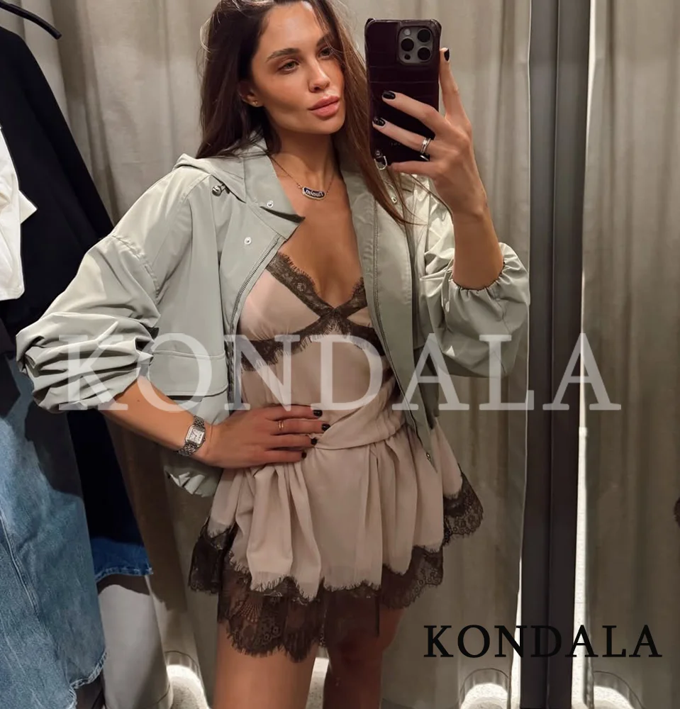 

KONDALA Romance Lace Hem Suspender Dress Women's Vacation Party Pleated Short Dress New 2026 Spring Summer Trendy Camisole Dress