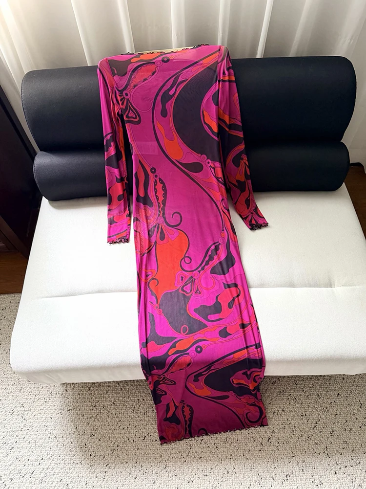 Spring Summer Fashion Vintage Geometric Print Floor-Length Pencil Dress Women's Party O-Neck Long Sleeve Buttock Covering Dress