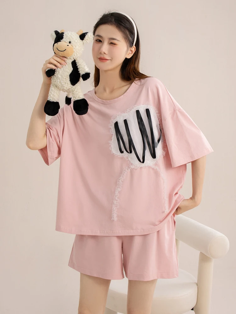 

Пижама, женская летняя, свободная, модная, удобная повседневная, можно носить снаружи с круглым вырезом для домашней одежды