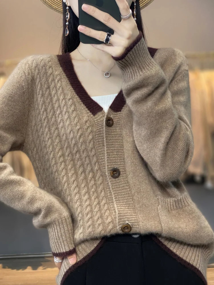 Cardigã de lã merino para mulheres, 100% lã merino, flor torção espessa, gola em v, suéter de cashmere solto, roupas femininas, tops casuais, outono