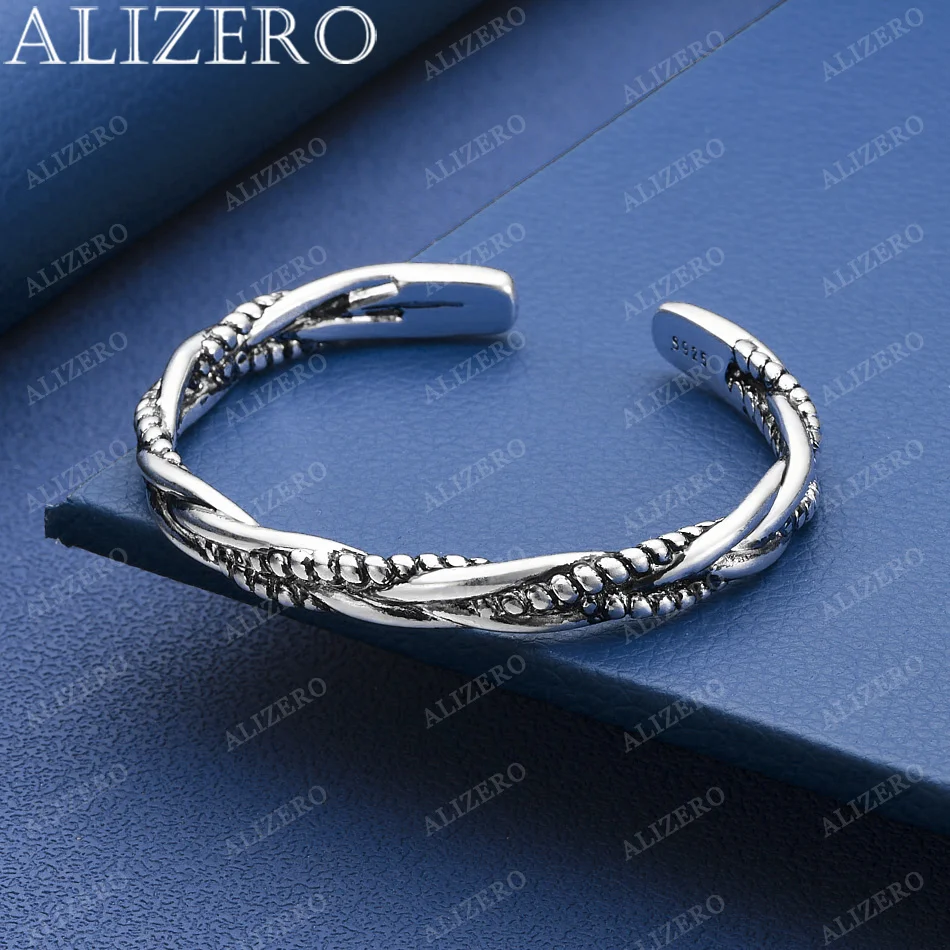 

ALIZERO 925 Sterling Silver Open Bangle Retro Twist Bracelet For Women Men Jewelry Fashion Party And Daily Wear