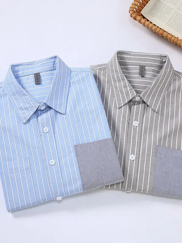 Camisa masculina manga longa listrada azul com bolso, camisa solta casual diária, top de moda versátil, jovem, novo, primavera, outono